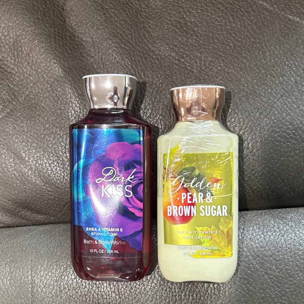 Bath and body body care set in dark kiss and golden pear and brown sugar